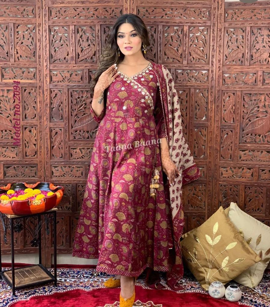 Saffron Wine Anarkali Flared Kurti with Pant & Malmal Dupatta