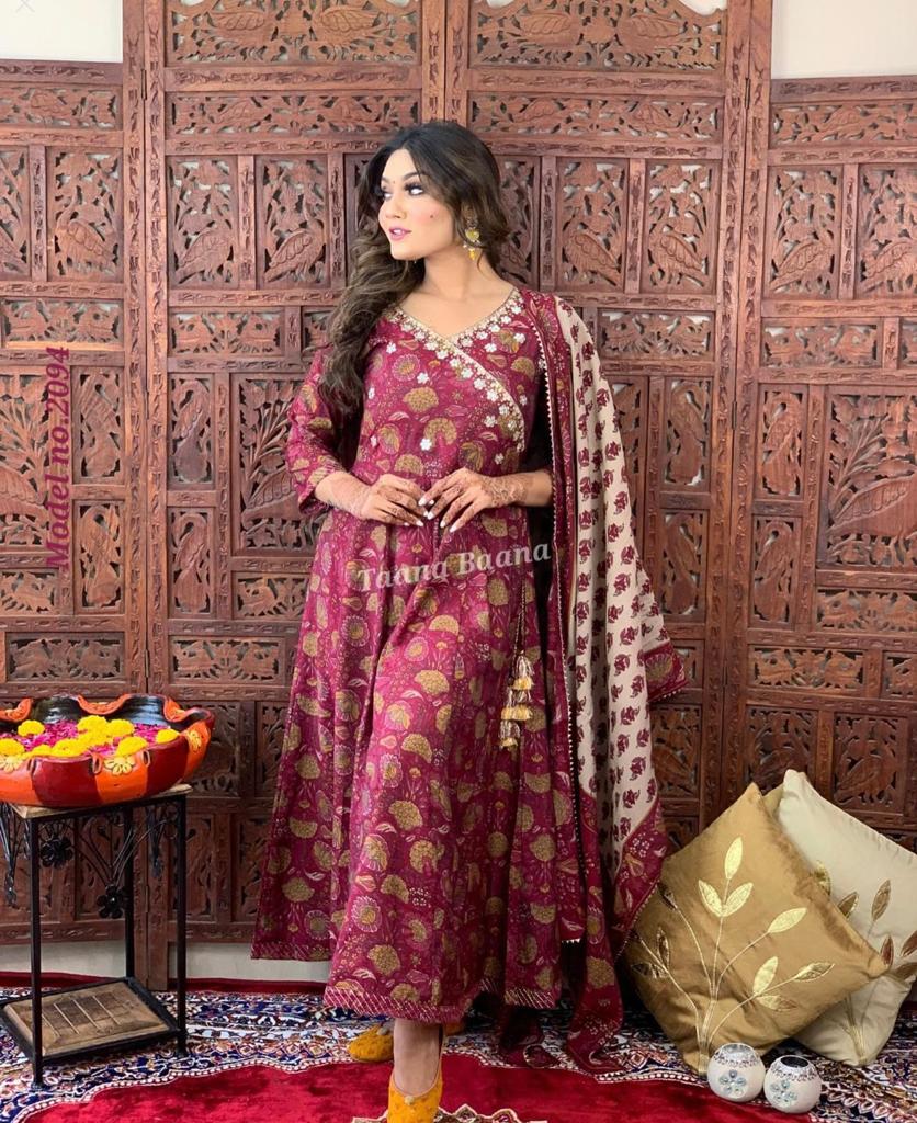 Saffron Wine Anarkali Flared Kurti with Pant & Malmal Dupatta