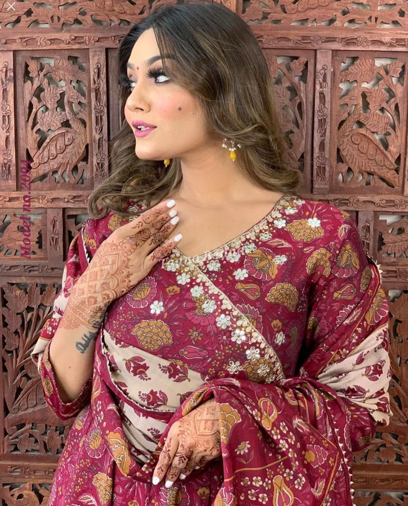 Saffron Wine Anarkali Flared Kurti with Pant & Malmal Dupatta
