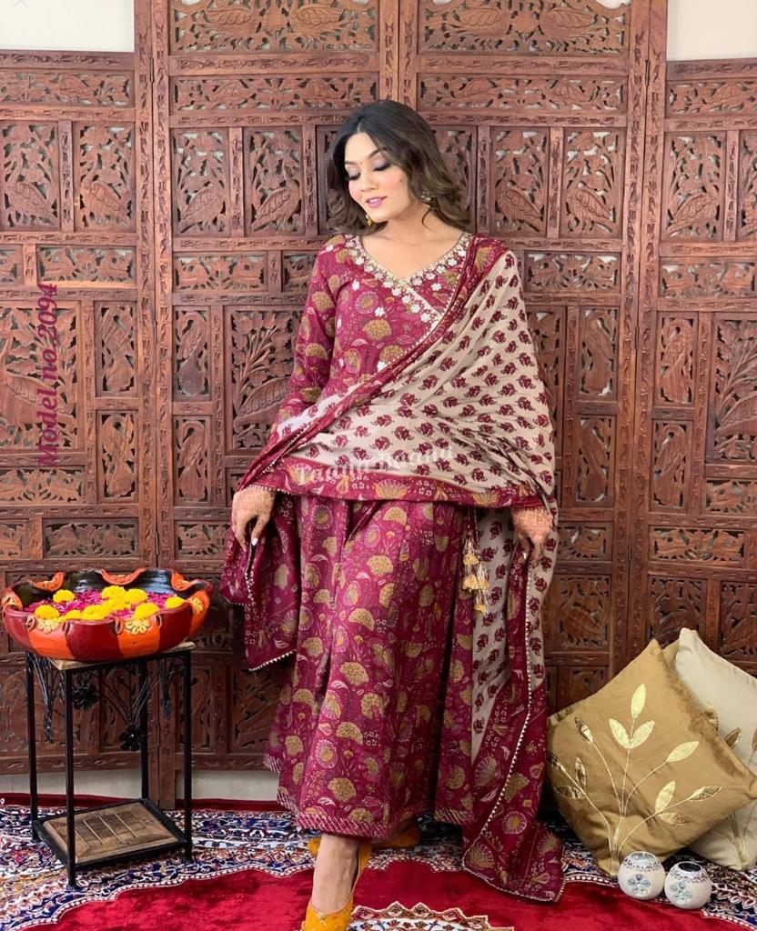 Saffron Wine Anarkali Flared Kurti with Pant & Malmal Dupatta