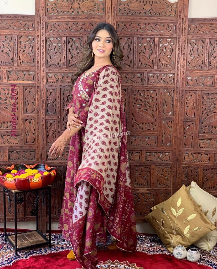 Saffron Wine Anarkali Flared Kurti with Pant & Malmal Dupatta
