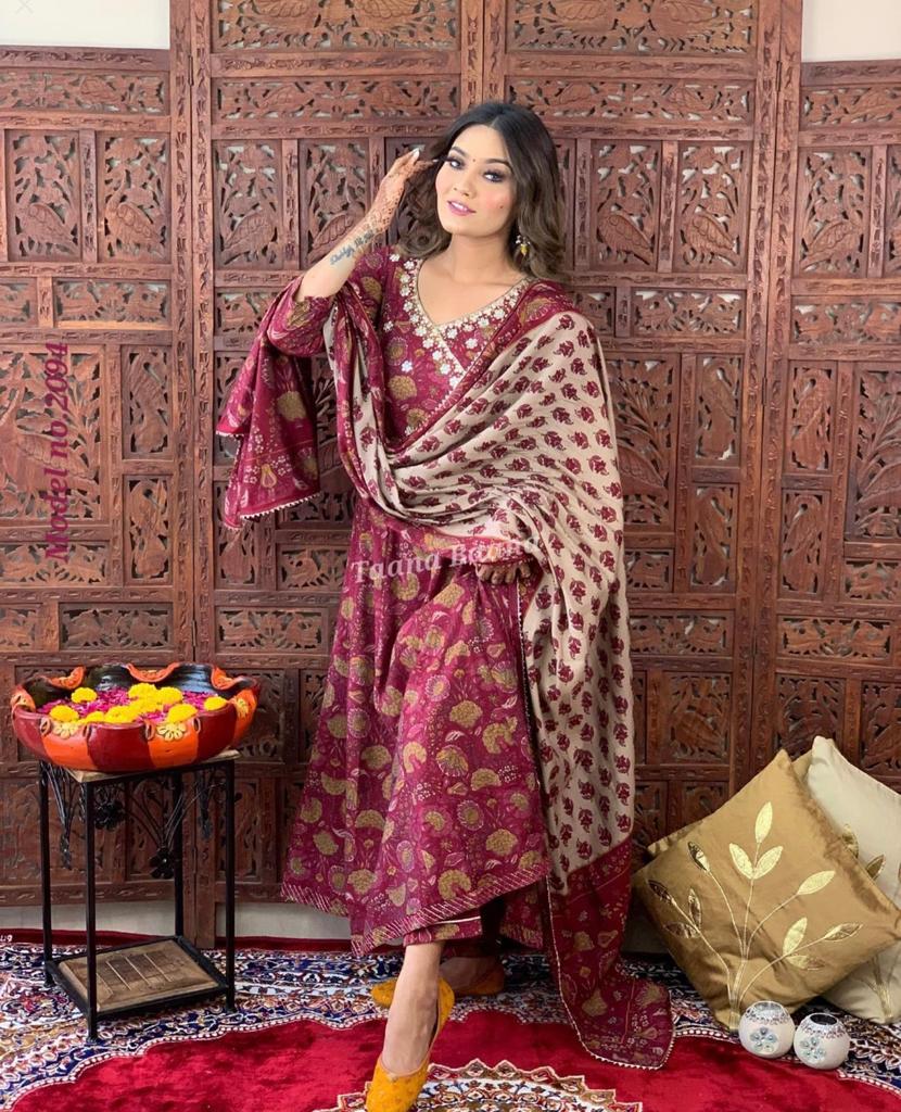 Saffron Wine Anarkali Flared Kurti with Pant & Malmal Dupatta