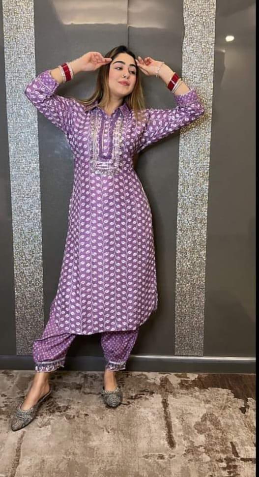 Rayon Kurti with Afghani Salwar and Coin Lace