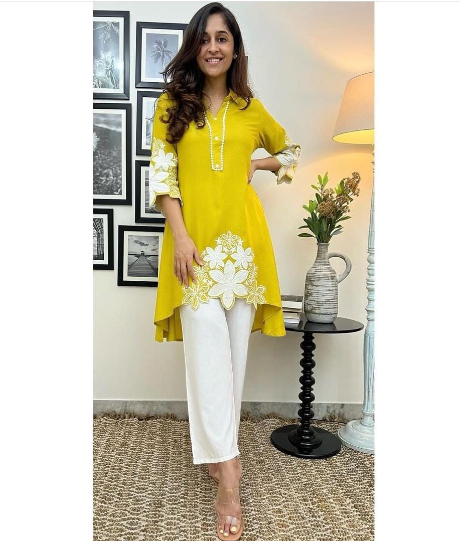 Rayon Kurti Set with Hand Embroidery and Lace Detailing