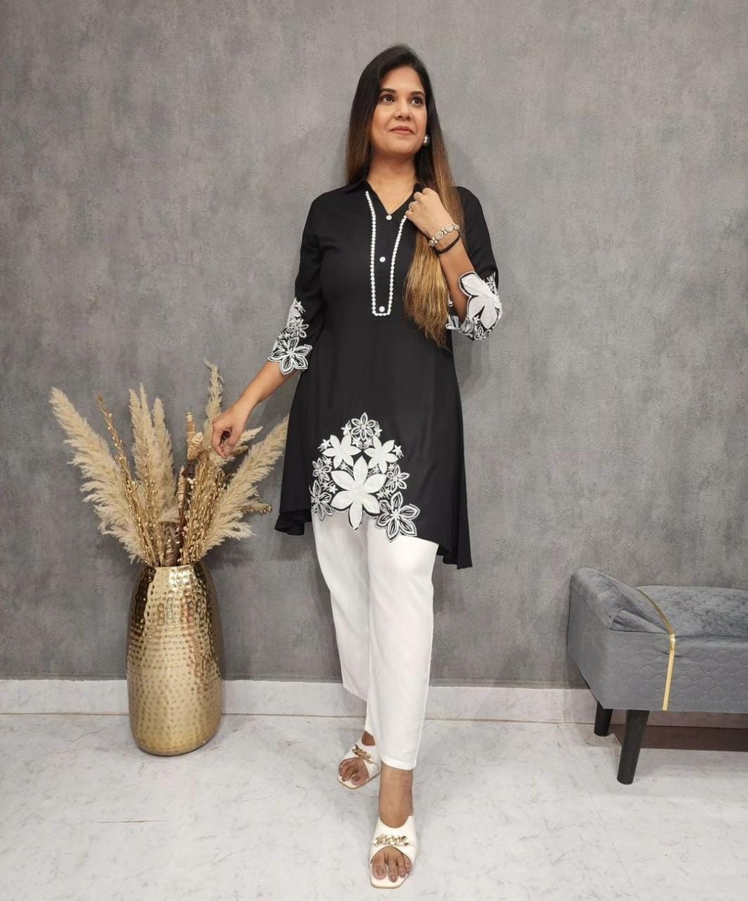 Rayon Kurti Set with Hand Embroidery and Lace Detailing