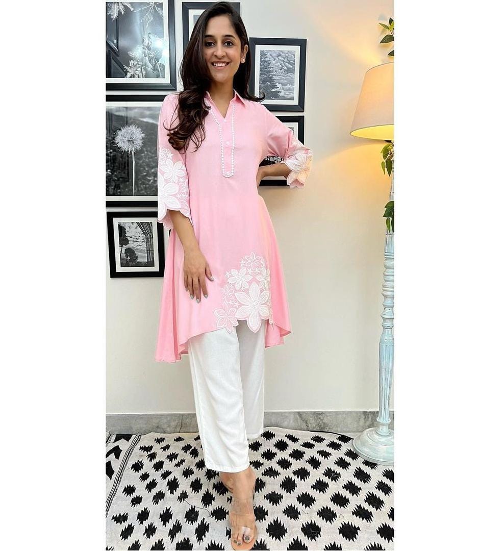 Rayon Kurti Set with Hand Embroidery and Lace Detailing