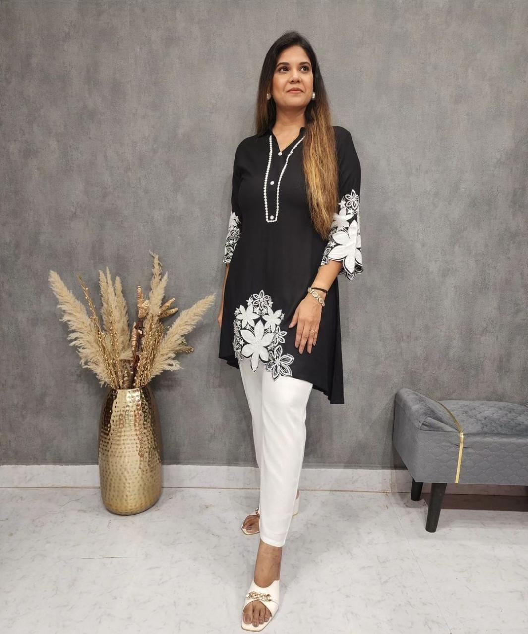 Rayon Kurti Set with Hand Embroidery and Lace Detailing