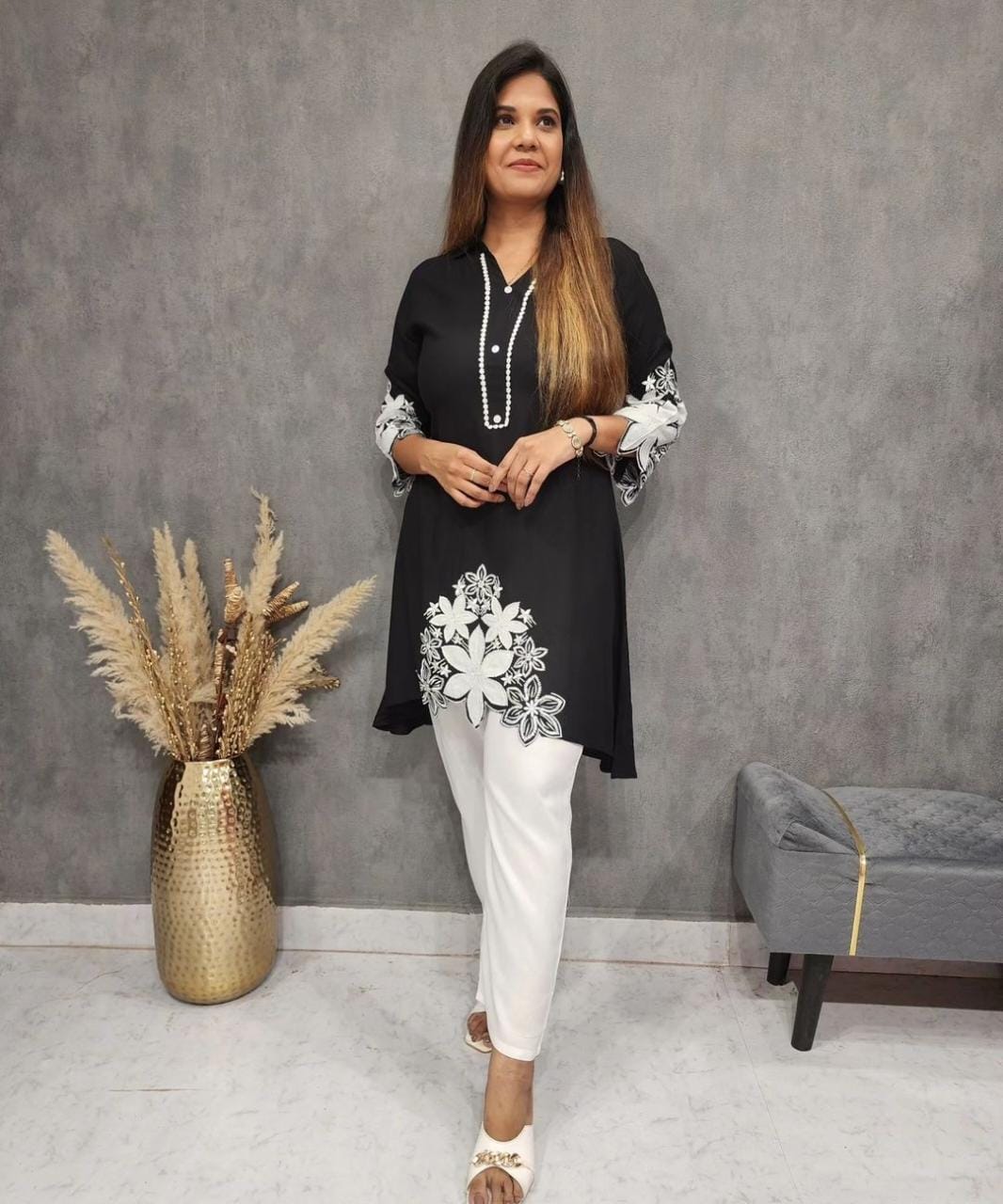 Rayon Kurti Set with Hand Embroidery and Lace Detailing
