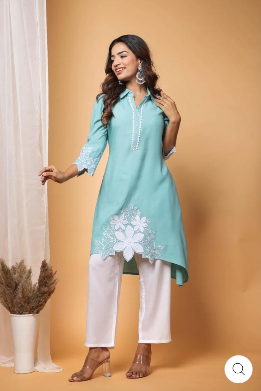 Rayon Kurti Set with Hand Embroidery and Lace Detailing