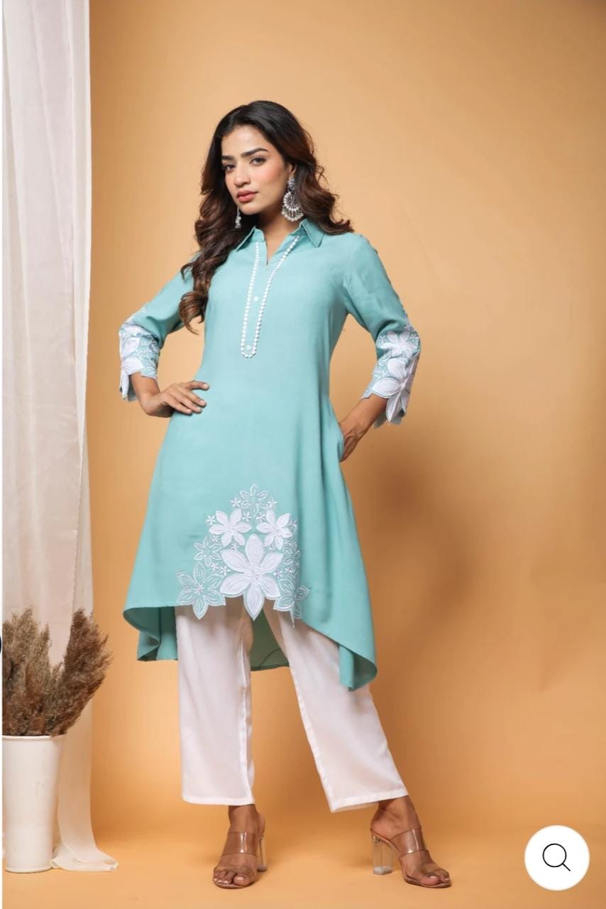 Rayon Kurti Set with Hand Embroidery and Lace Detailing