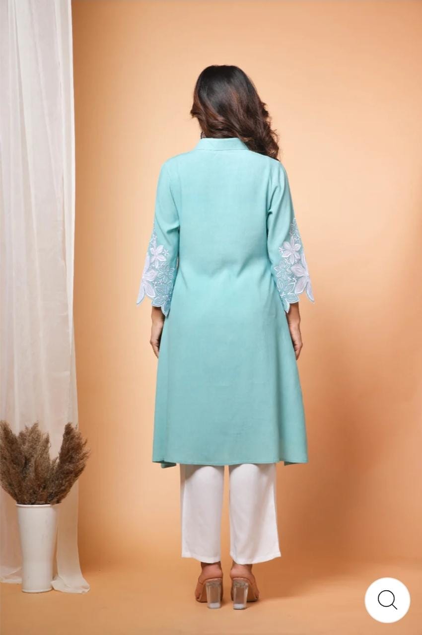 Rayon Kurti Set with Hand Embroidery and Lace Detailing