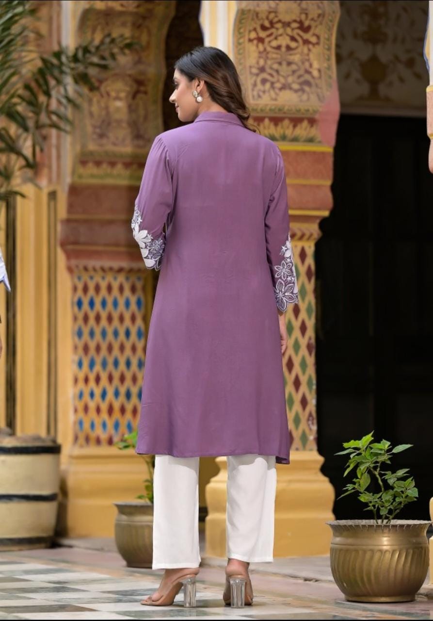 Rayon Kurti Set with Hand Embroidery and Lace Detailing