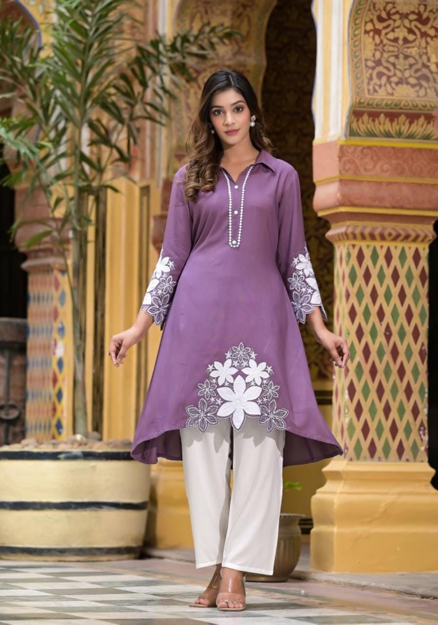 Rayon Kurti Set with Hand Embroidery and Lace Detailing