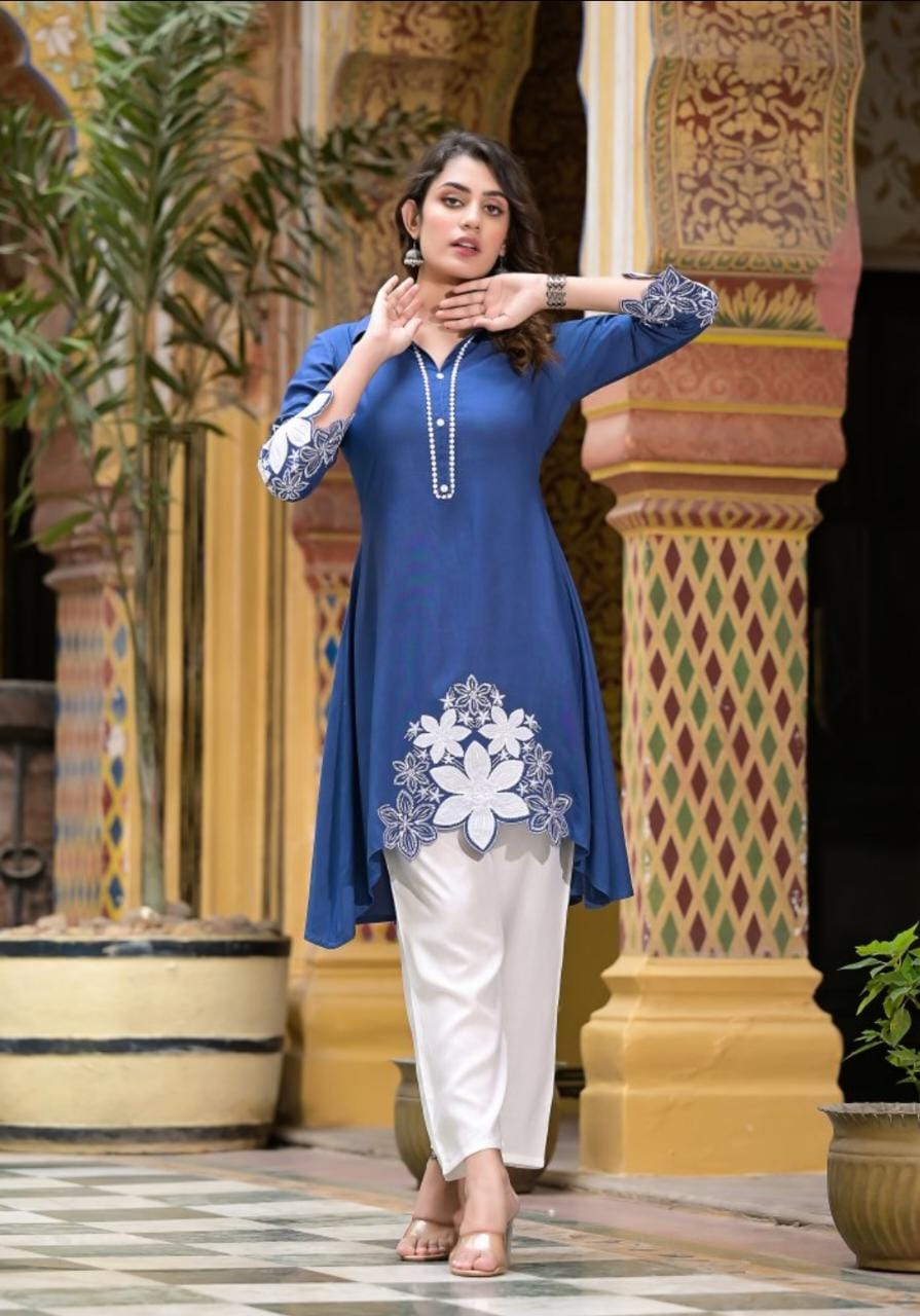 Rayon Kurti Set with Hand Embroidery and Lace Detailing