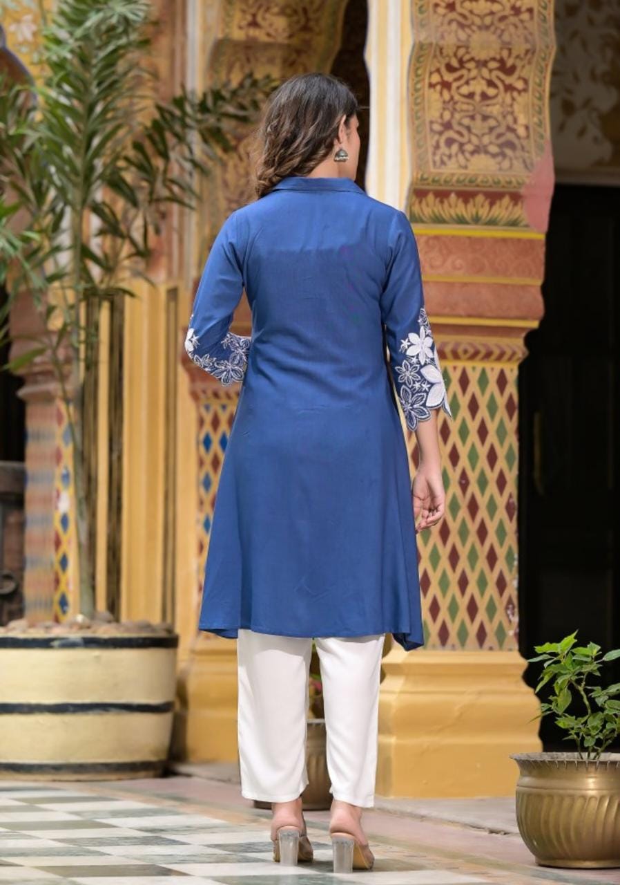 Rayon Kurti Set with Hand Embroidery and Lace Detailing