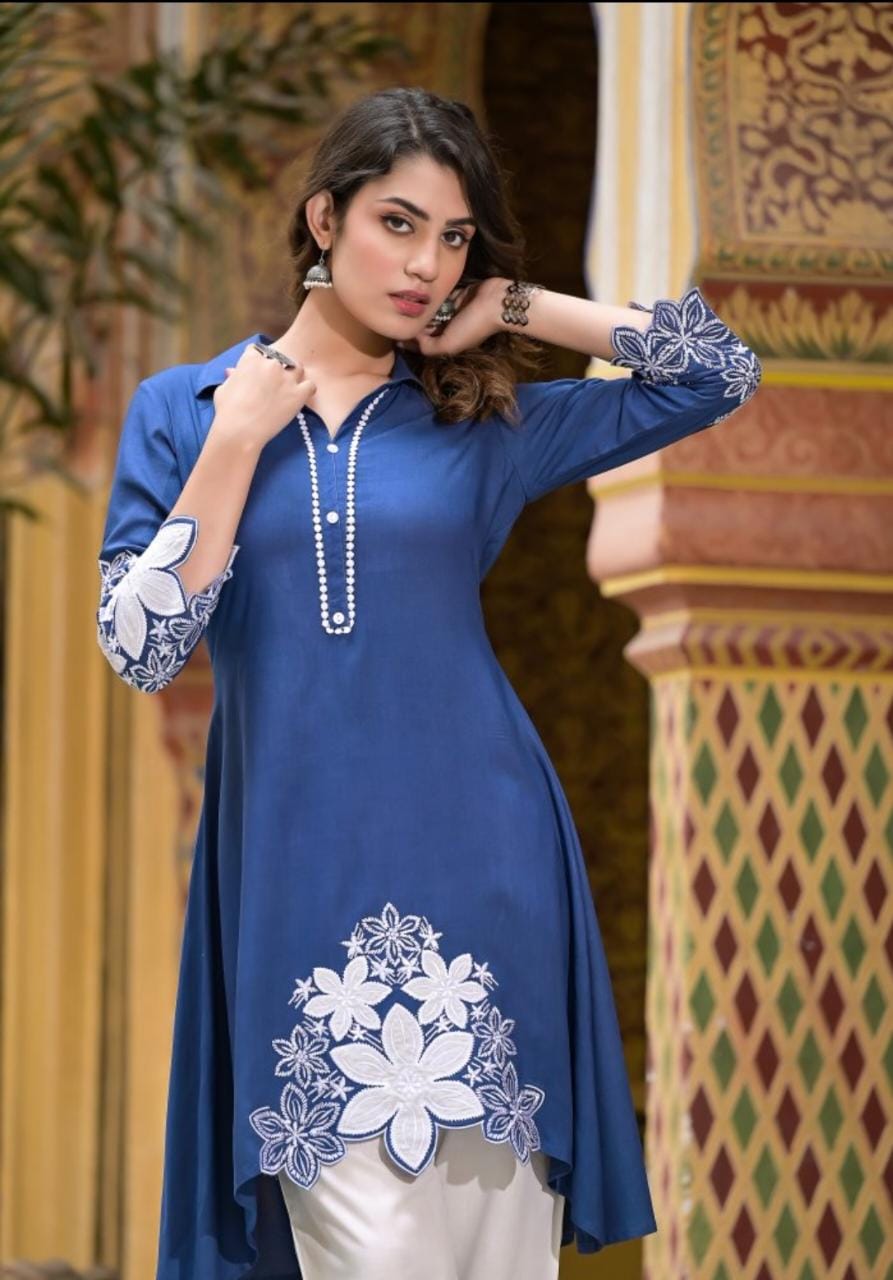 Rayon Kurti Set with Hand Embroidery and Lace Detailing
