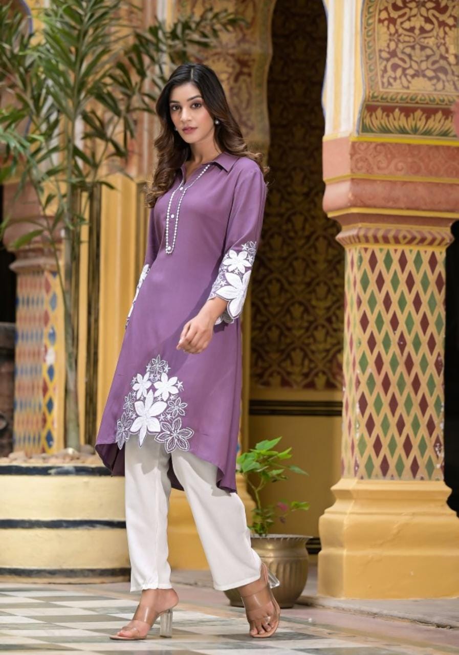 Rayon Kurti Set with Hand Embroidery and Lace Detailing