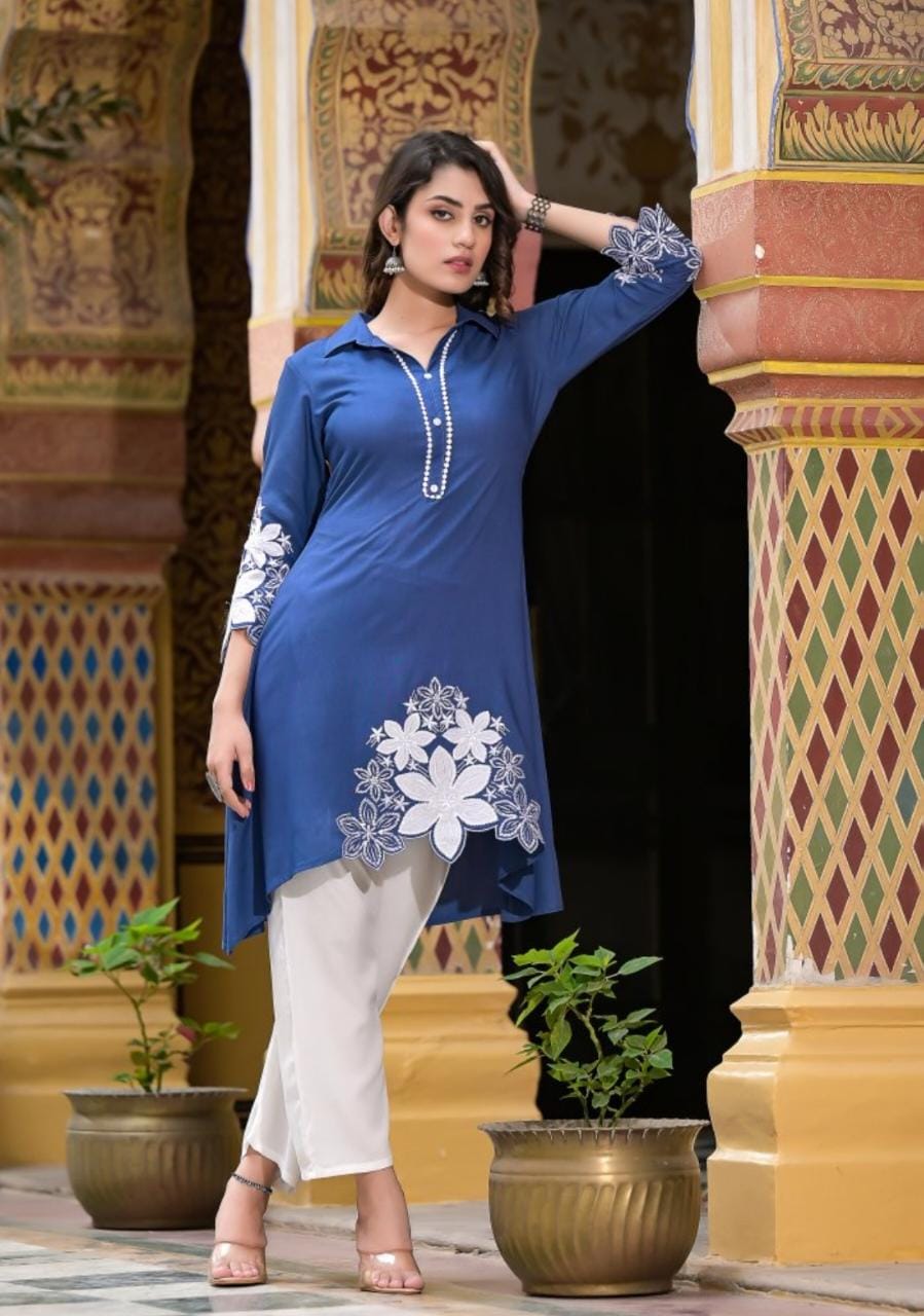 Rayon Kurti Set with Hand Embroidery and Lace Detailing