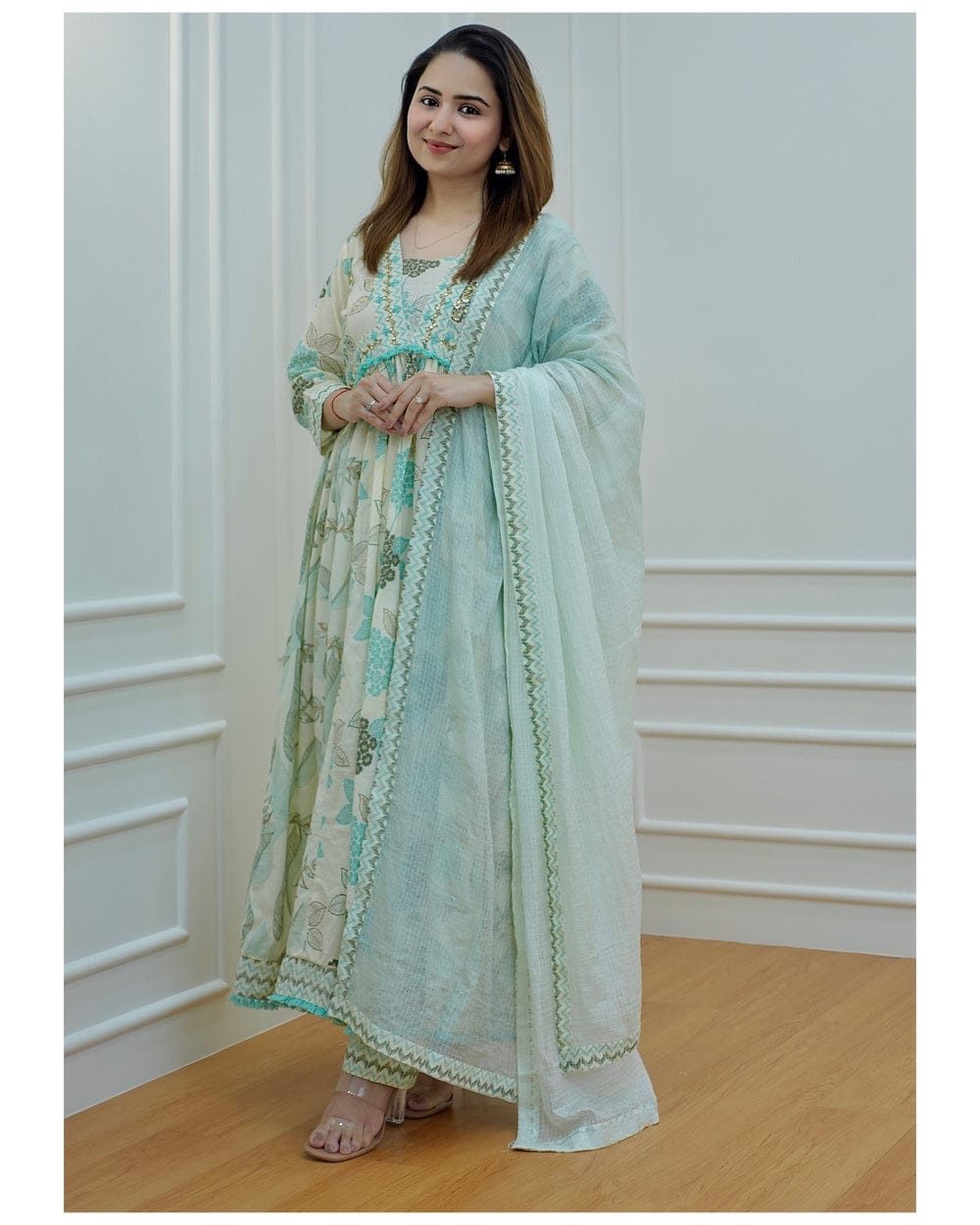 Floral Anarkali Suit Set with Matching Pant and Dupatta