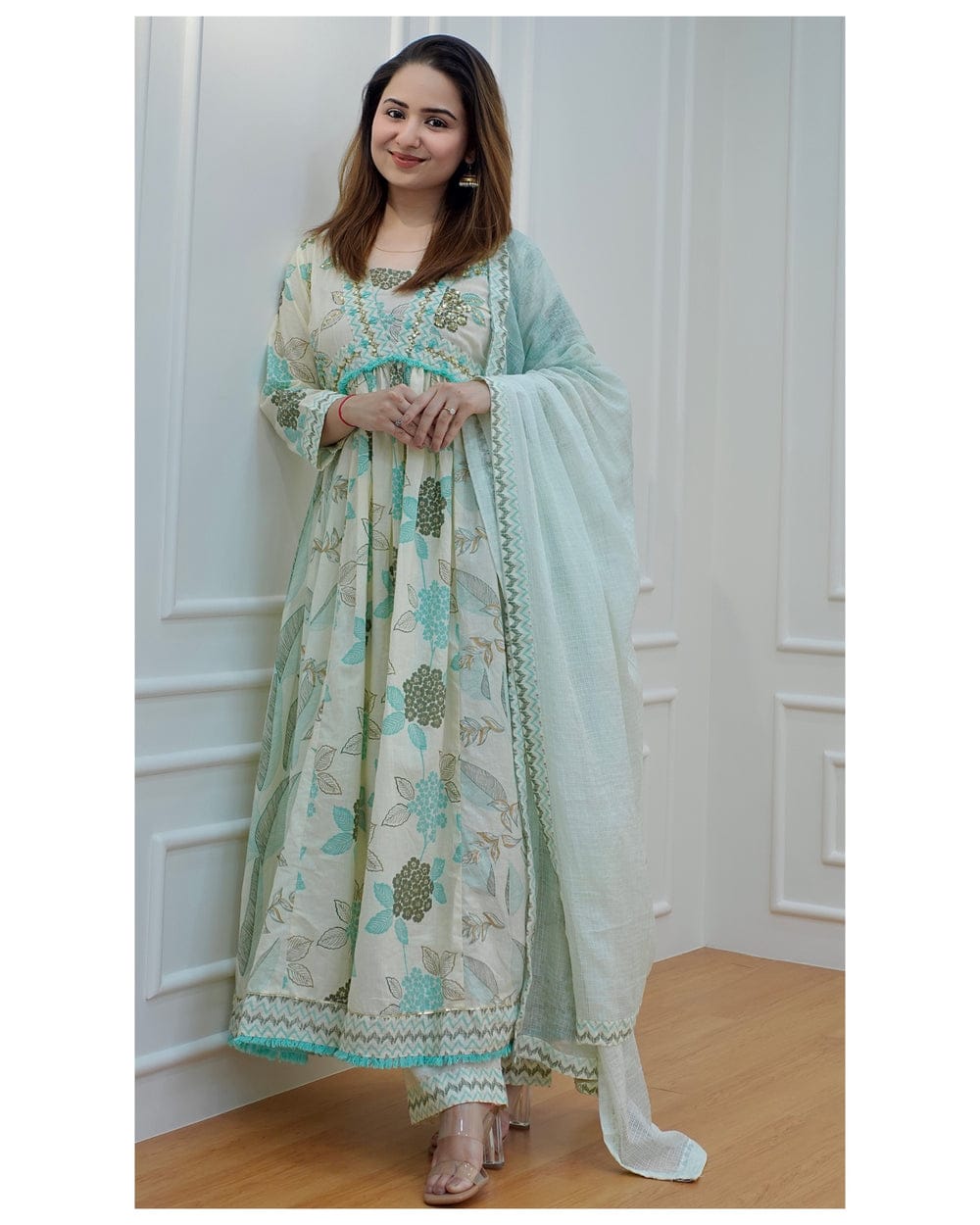 Floral Anarkali Suit Set with Matching Pant and Dupatta