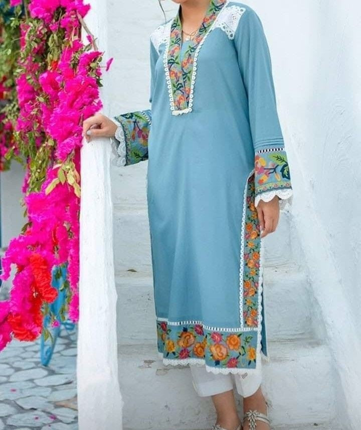 Rayon Kurta Set with Embroidery and Lace Details