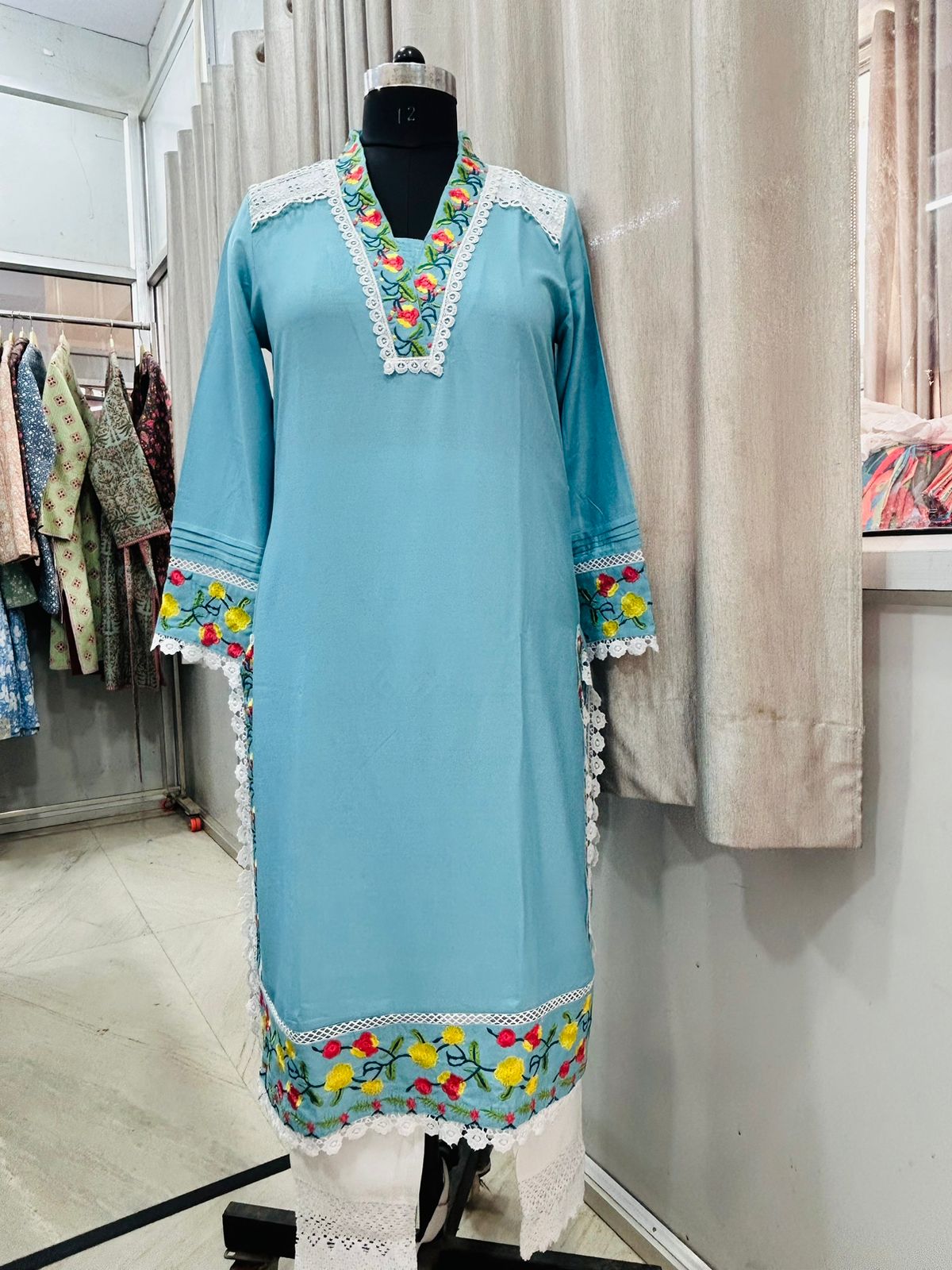 Rayon Kurta Set with Embroidery and Lace Details