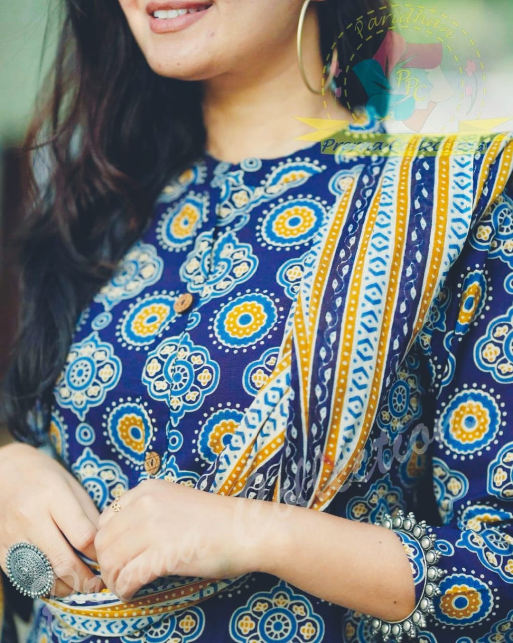 Ajrakh Print Kurti, Gulnar Pant, and Mul Cotton Dupatta Set