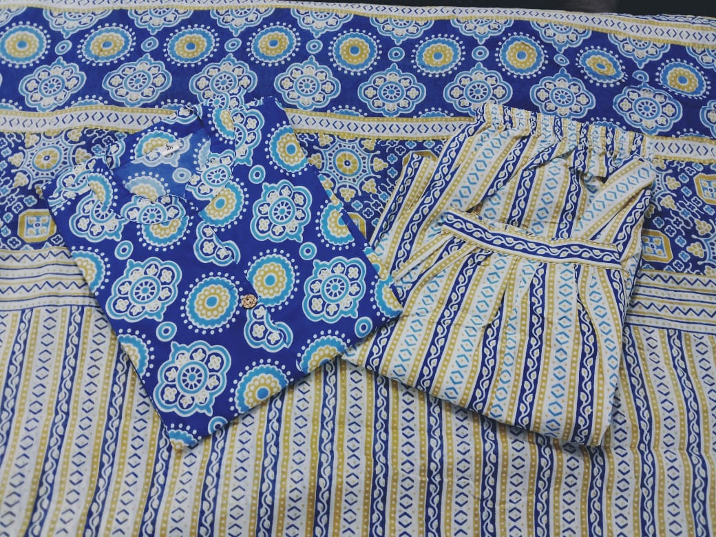 Ajrakh Print Kurti, Gulnar Pant, and Mul Cotton Dupatta Set