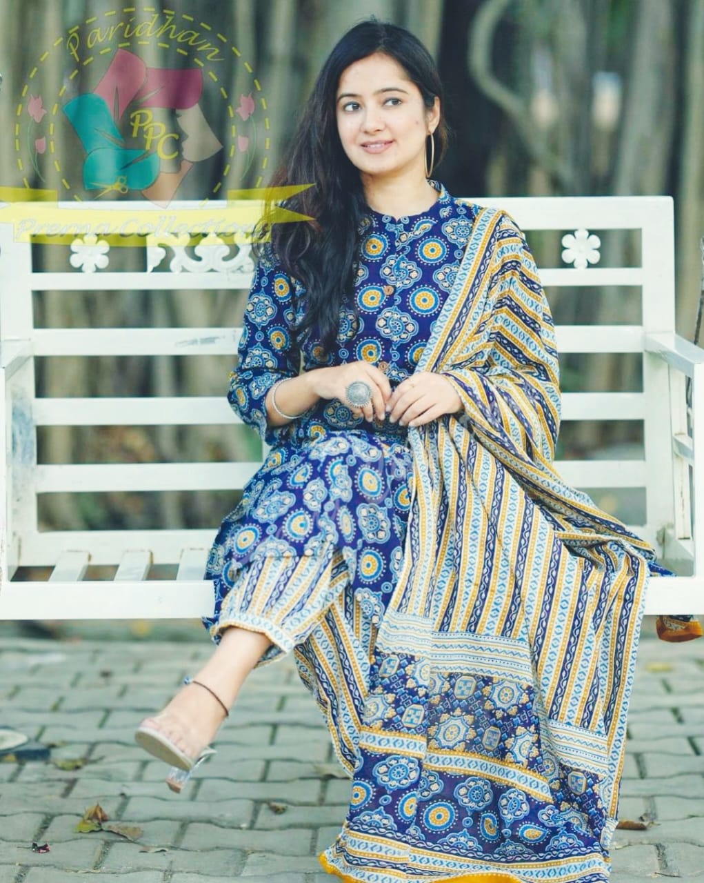 Ajrakh Print Kurti, Gulnar Pant, and Mul Cotton Dupatta Set