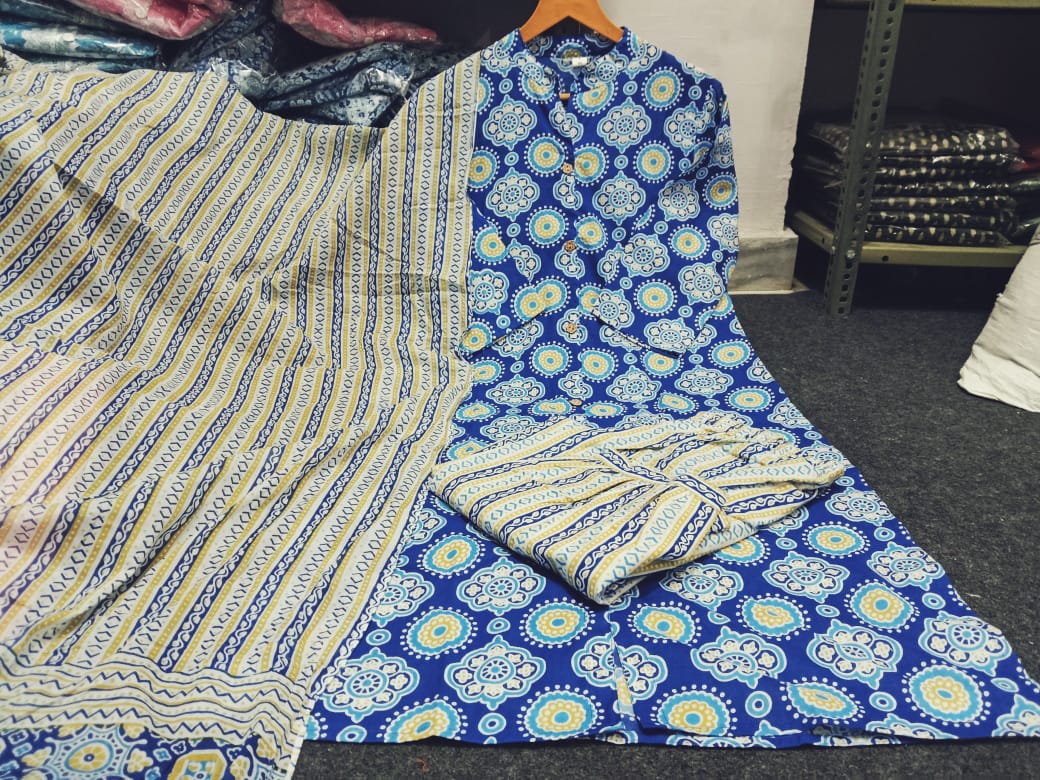 Ajrakh Print Kurti, Gulnar Pant, and Mul Cotton Dupatta Set