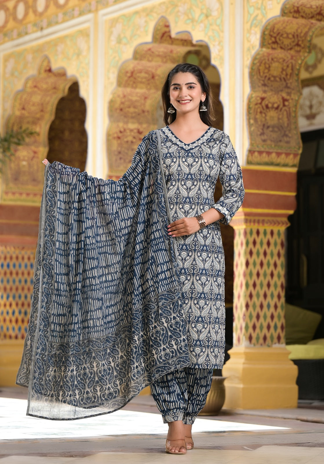 Cotton Suit Set with Embroidered Neck Kurti and Afghani Pant