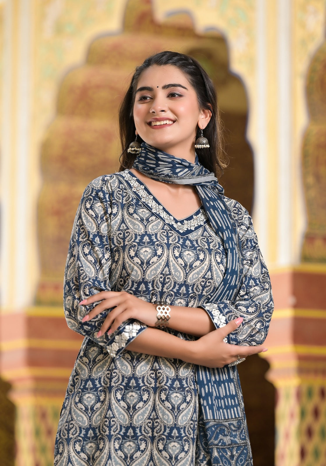 Cotton Suit Set with Embroidered Neck Kurti and Afghani Pant