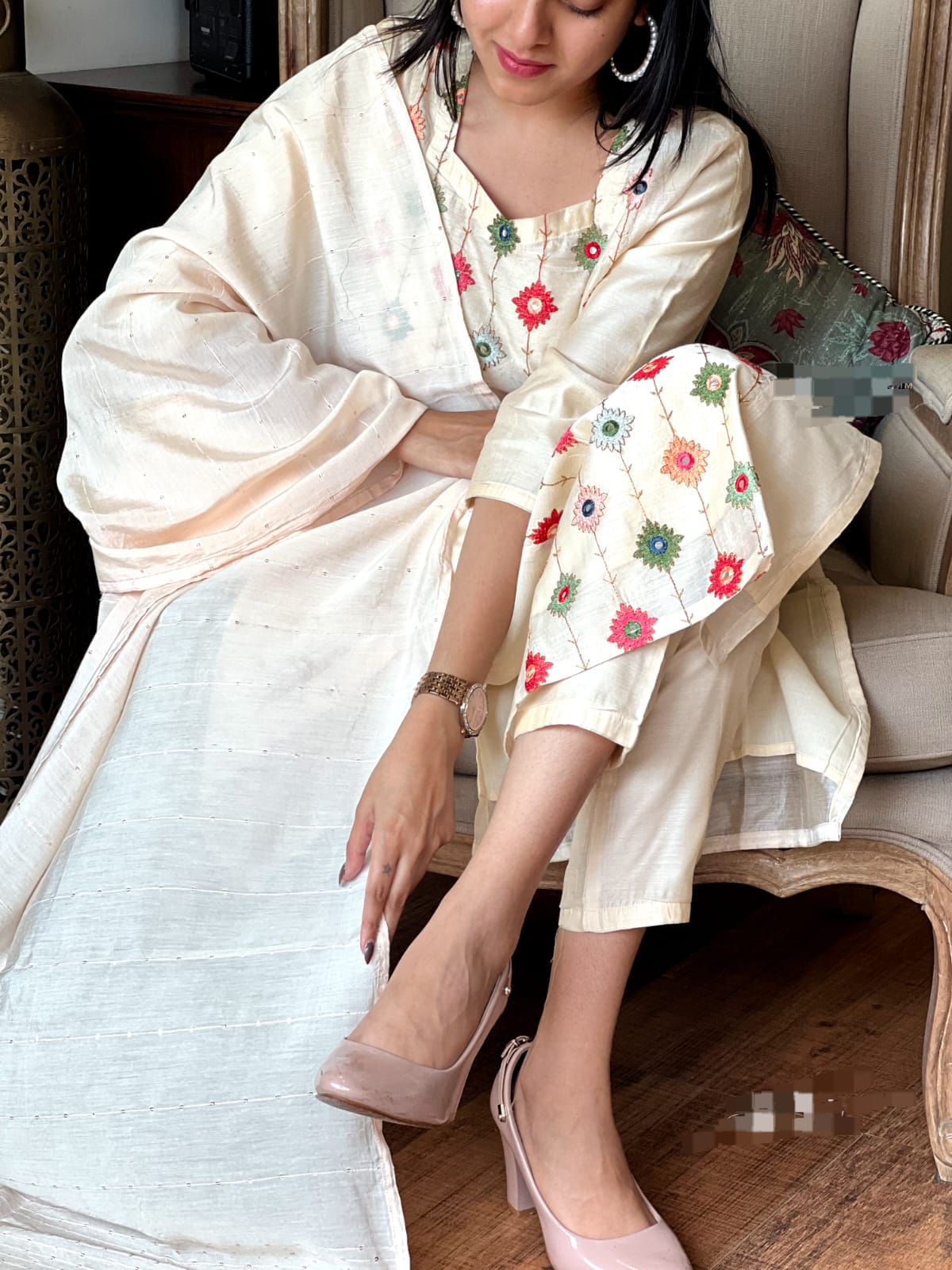 Cream Cotton Resham Embroidery Sequence Suit Set with Self-Zari Dupatta