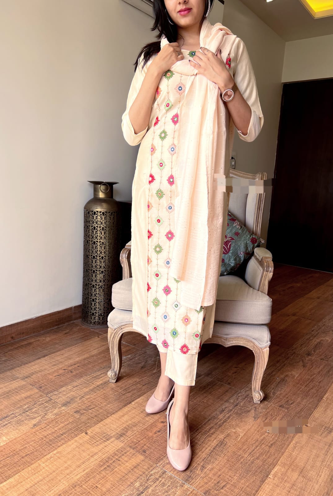 Cream Cotton Resham Embroidery Sequence Suit Set with Self-Zari Dupatta