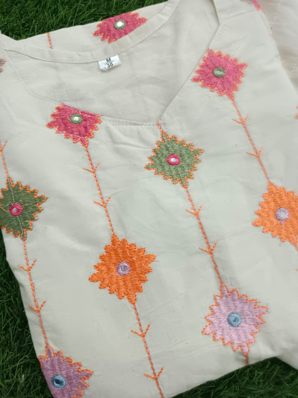 Cream Cotton Resham Embroidery Sequence Suit Set with Self-Zari Dupatta