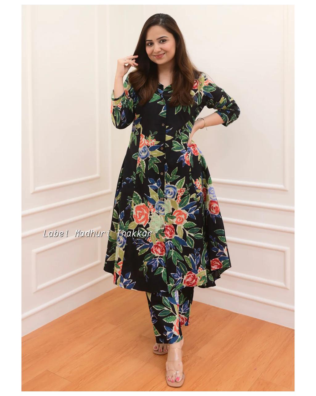 Black Cotton Co-ord Set - 3/4 Sleeve Kurti & Pant Combo