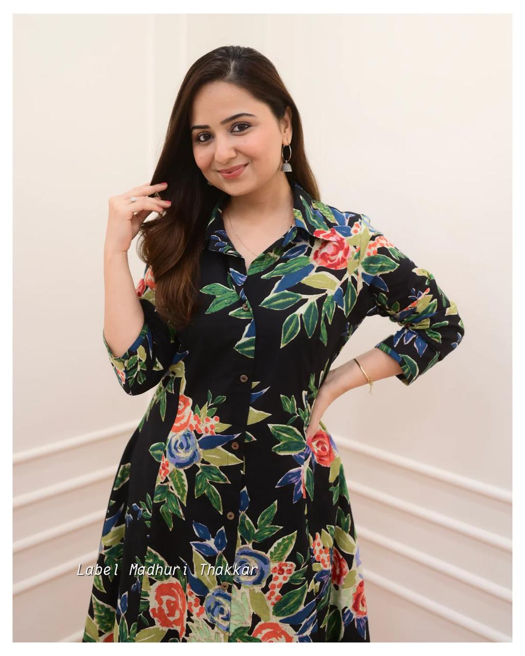 Black Cotton Co-ord Set - 3/4 Sleeve Kurti & Pant Combo