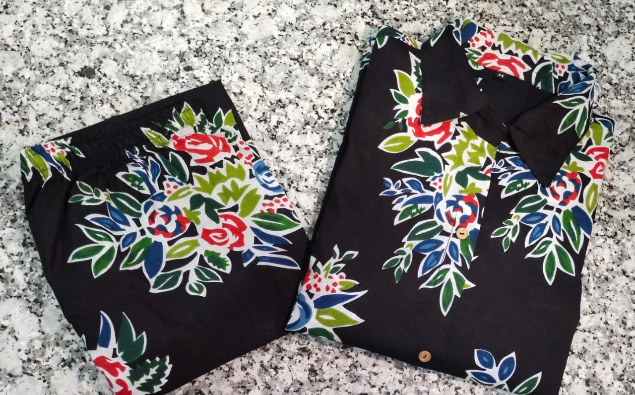 Black Cotton Co-ord Set - 3/4 Sleeve Kurti & Pant Combo