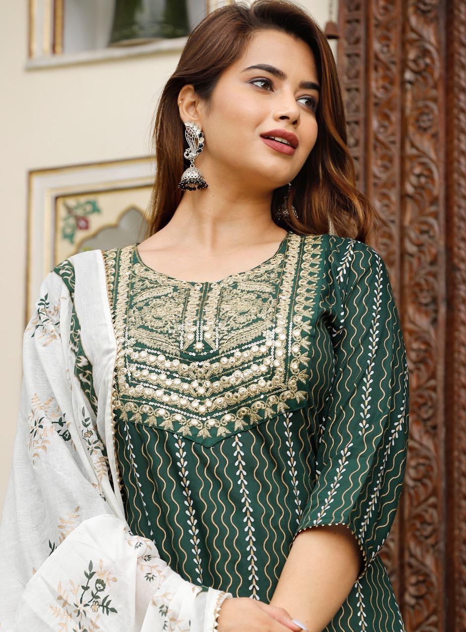 Bottle Green Foil Mirror Work Rayon Kurti Set with Printed Palazzo and Malmal Dupatta