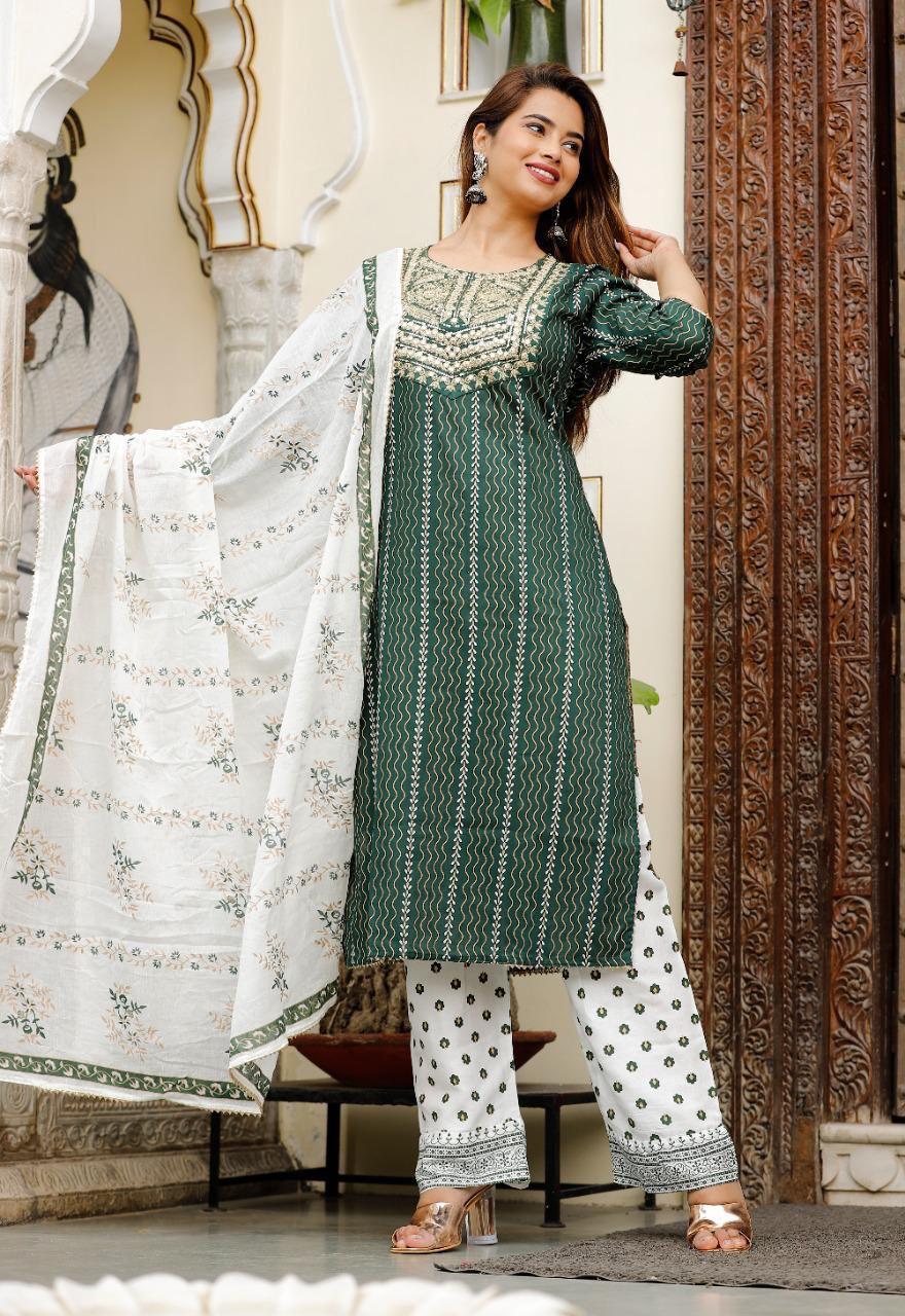 Bottle Green Foil Mirror Work Rayon Kurti Set with Printed Palazzo and Malmal Dupatta