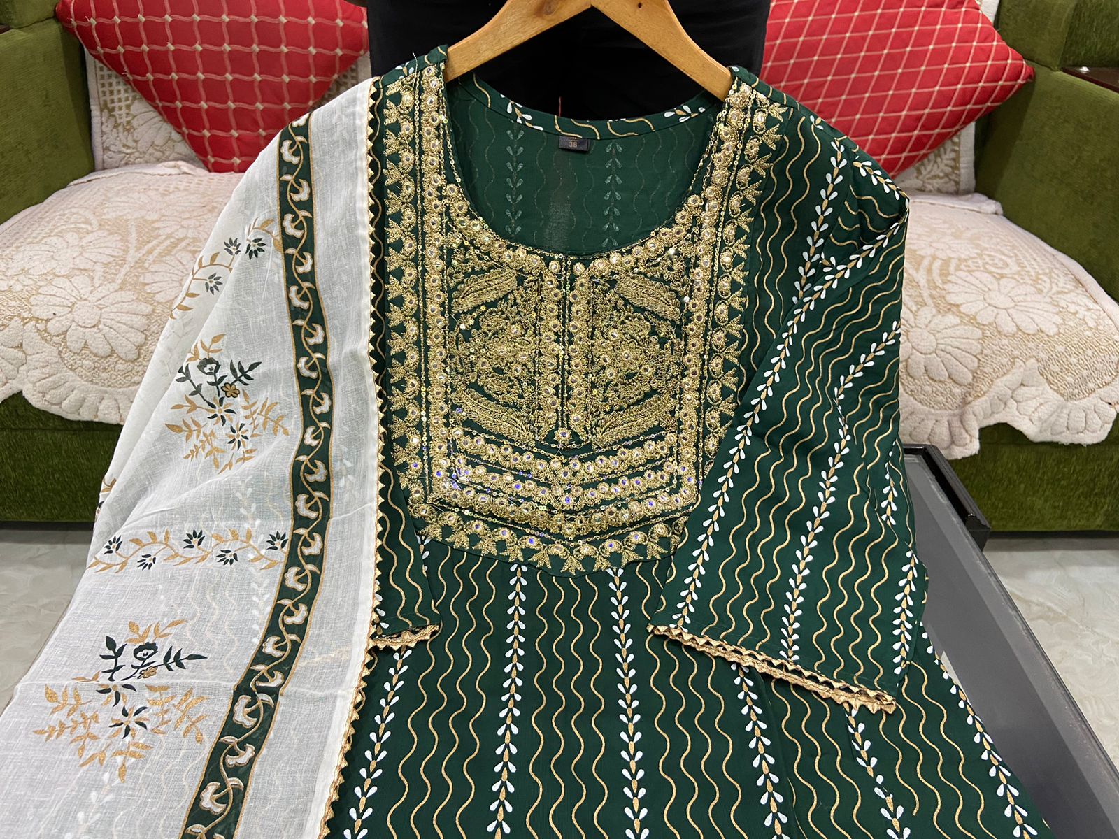 Bottle Green Foil Mirror Work Rayon Kurti Set with Printed Palazzo and Malmal Dupatta