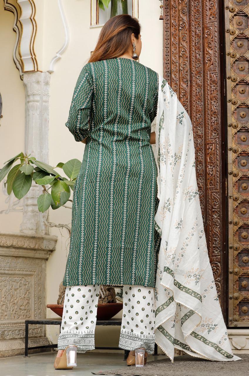 Bottle Green Foil Mirror Work Rayon Kurti Set with Printed Palazzo and Malmal Dupatta
