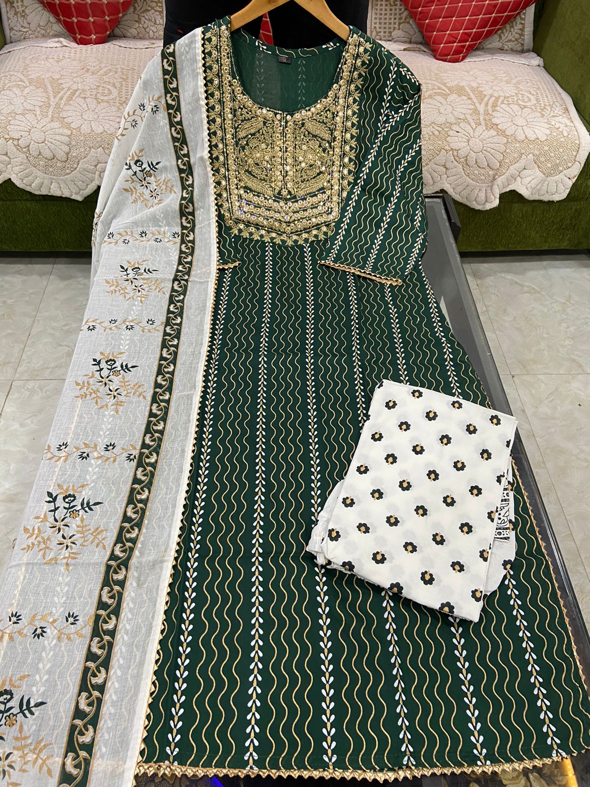 Bottle Green Foil Mirror Work Rayon Kurti Set with Printed Palazzo and Malmal Dupatta