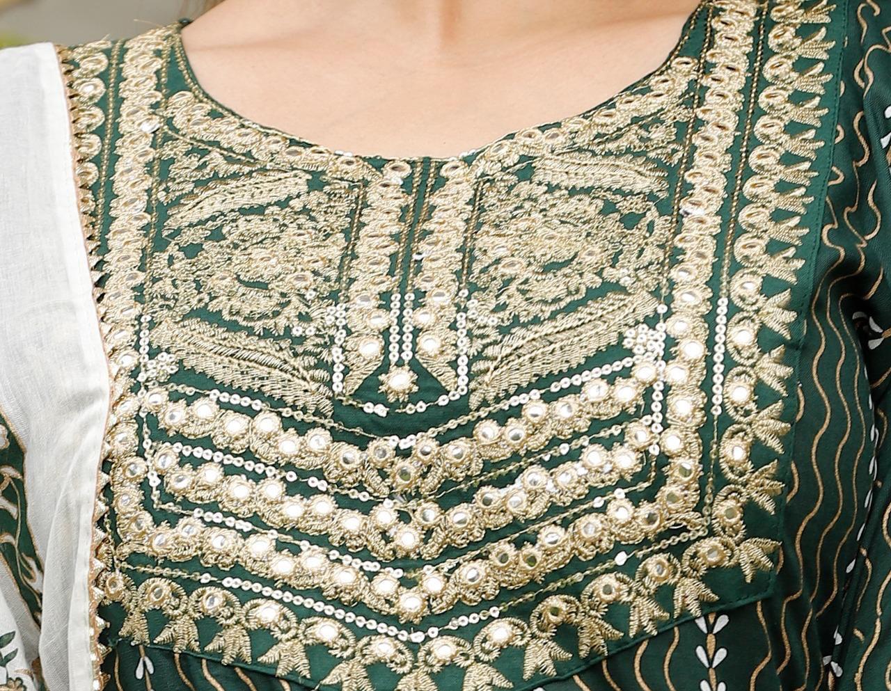 Bottle Green Foil Mirror Work Rayon Kurti Set with Printed Palazzo and Malmal Dupatta