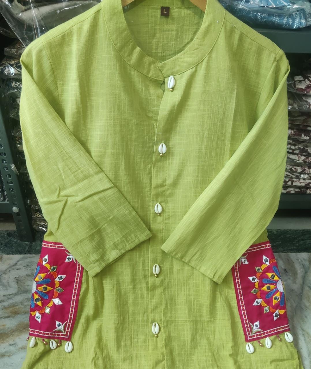 Green Cotton Cord Set with Mirror and Kodi Work