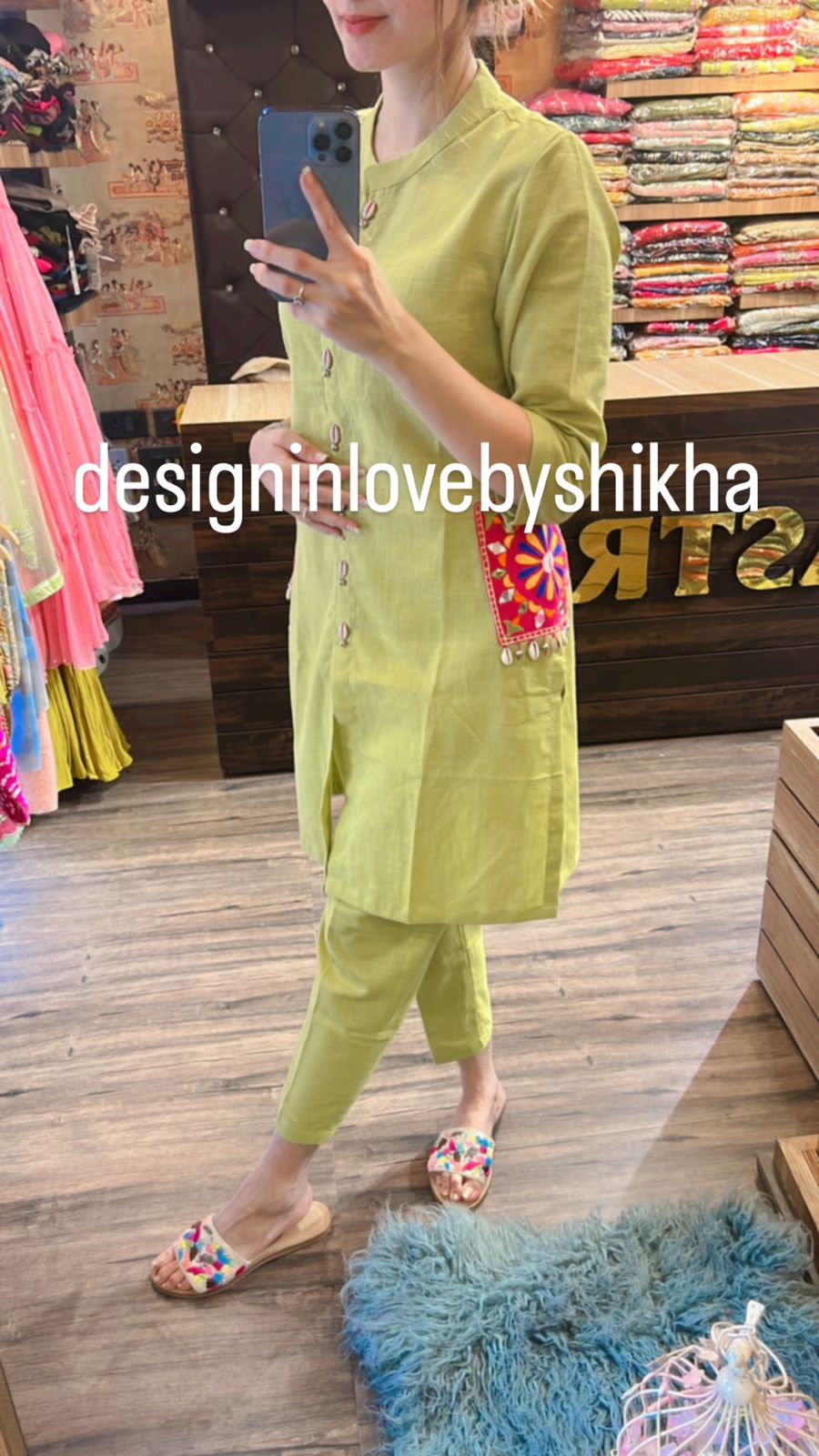 Green Cotton Cord Set with Mirror and Kodi Work