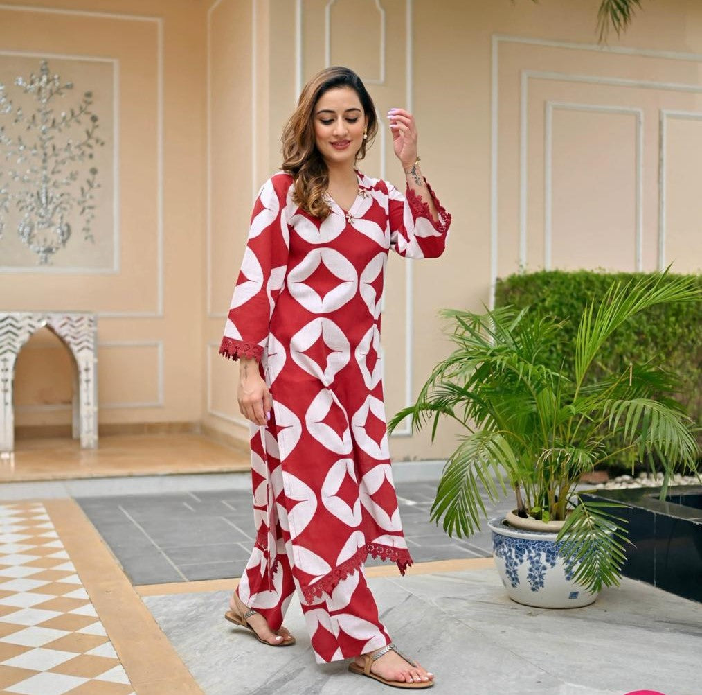 Cotton Printed Kurta Cord Set with Chicken Lace