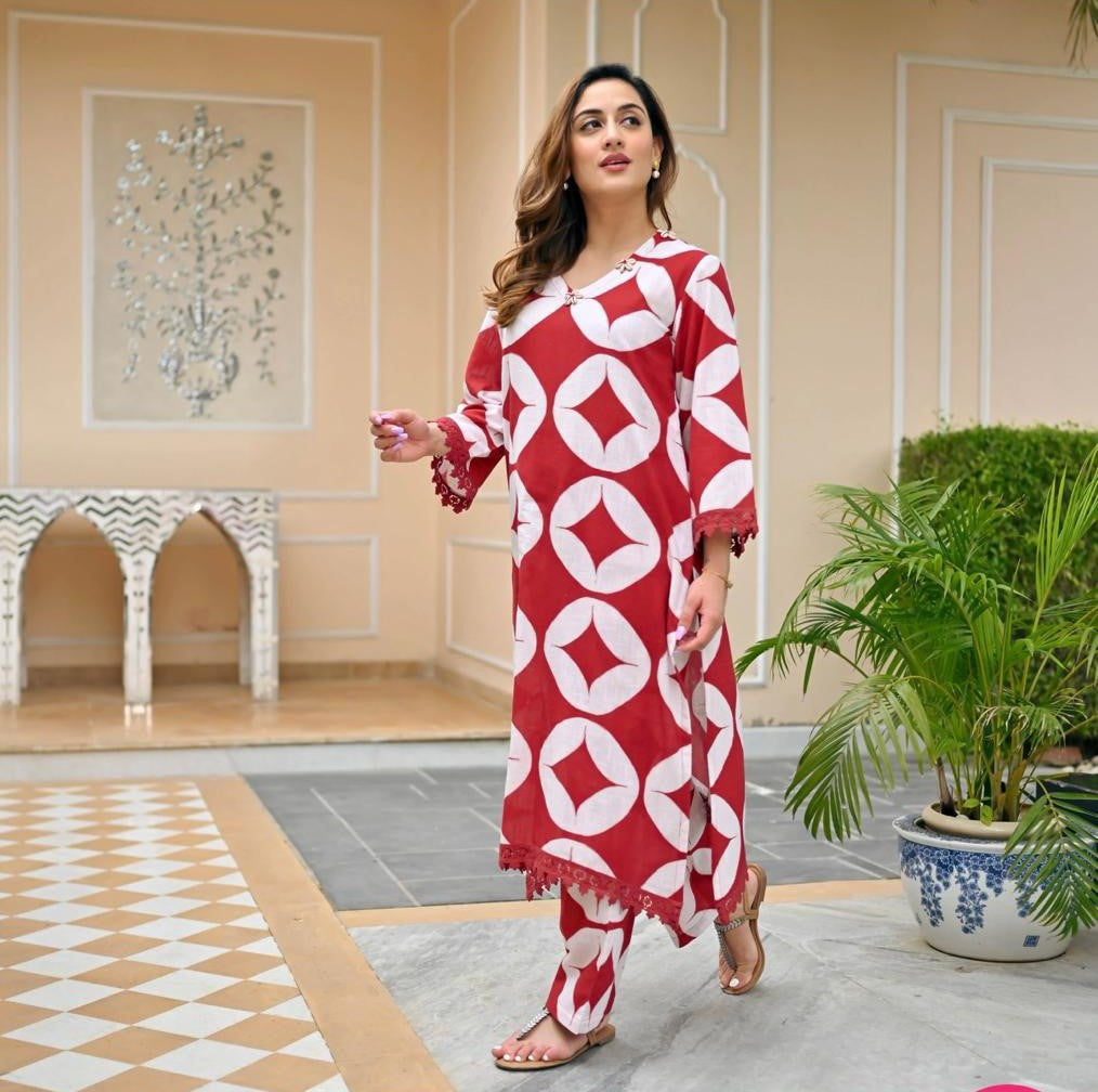Cotton Printed Kurta Cord Set with Chicken Lace