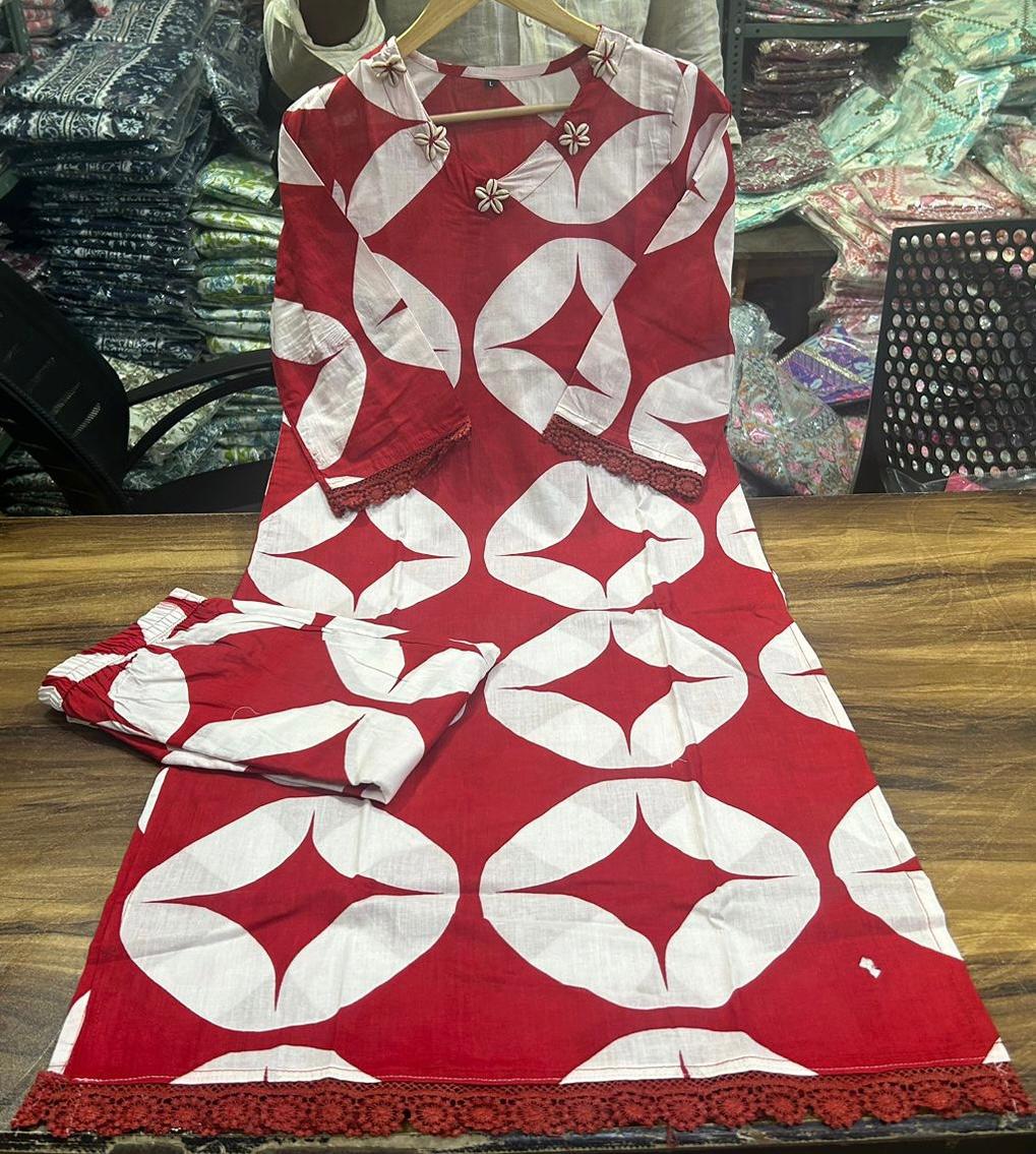 Cotton Printed Kurta Cord Set with Chicken Lace