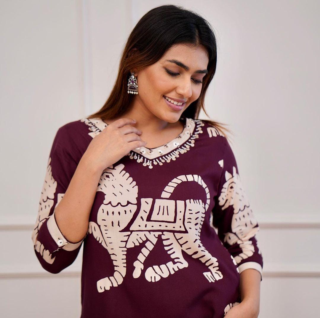 Rayon Kurta Cord Set with Handwork on Neck